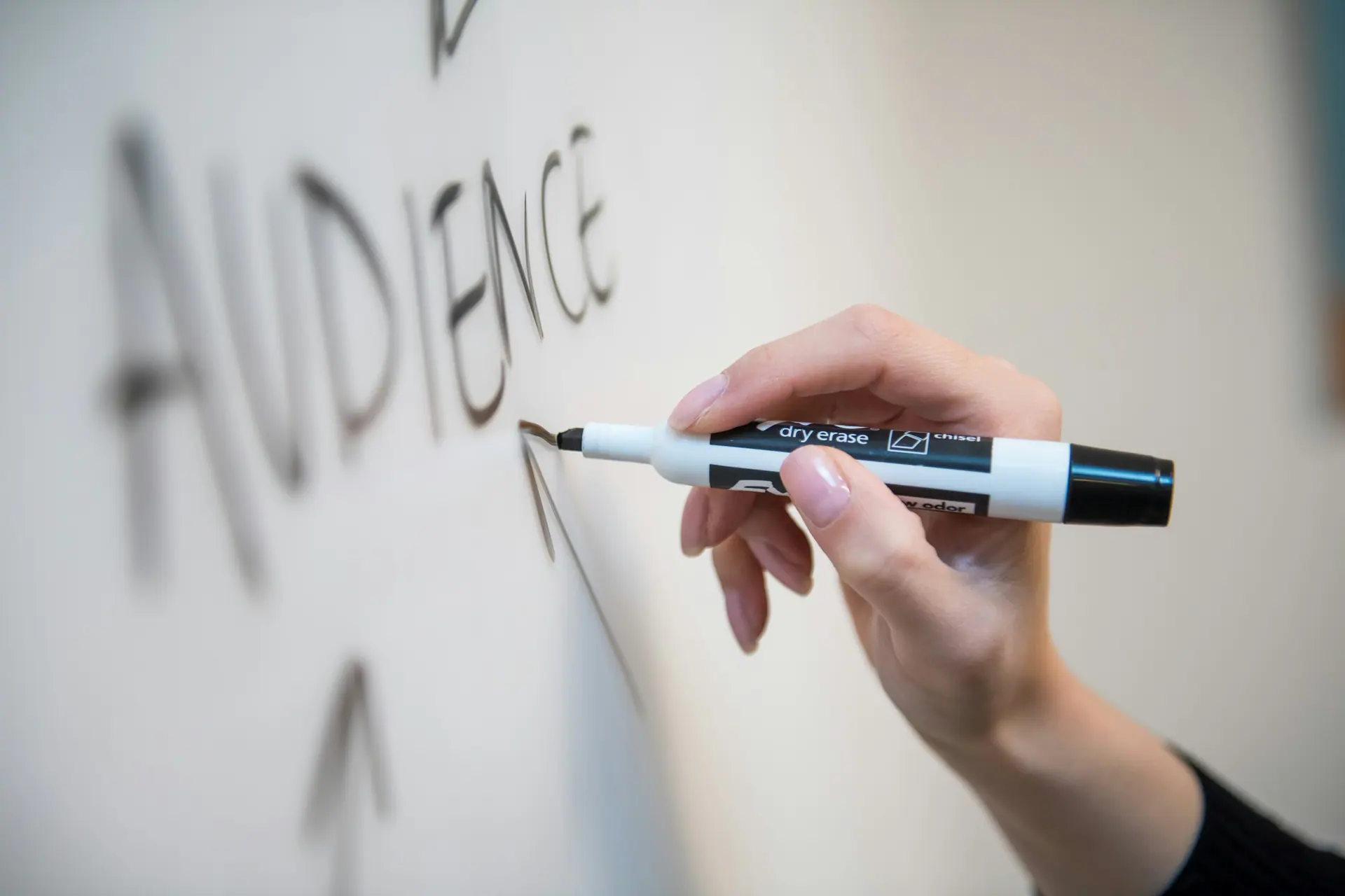 Hand writing the word audience on a whiteboard with a marker